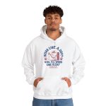 Person wearing a hoodie with a cat reclining in a hammock between filing cabinets with blue lettering and red paw prints printed on the front Person wearing a hoodie with a cat reclining in a hammock between filing cabinets with blue lettering and red paw prints printed on the front