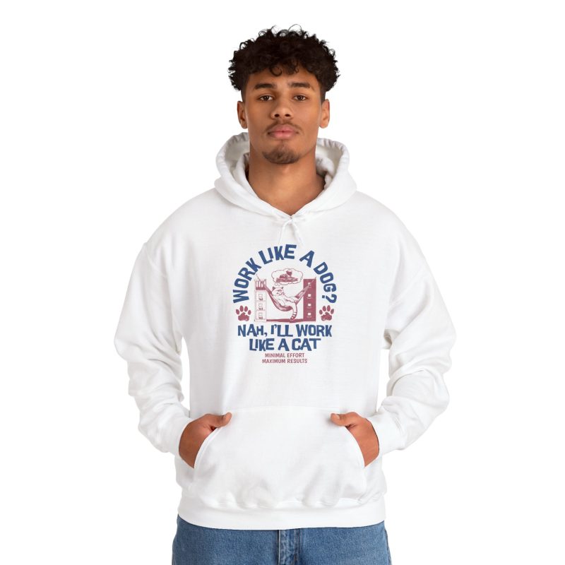 Person wearing a hoodie with a cat reclining in a hammock between filing cabinets with blue lettering and red paw prints printed on the front