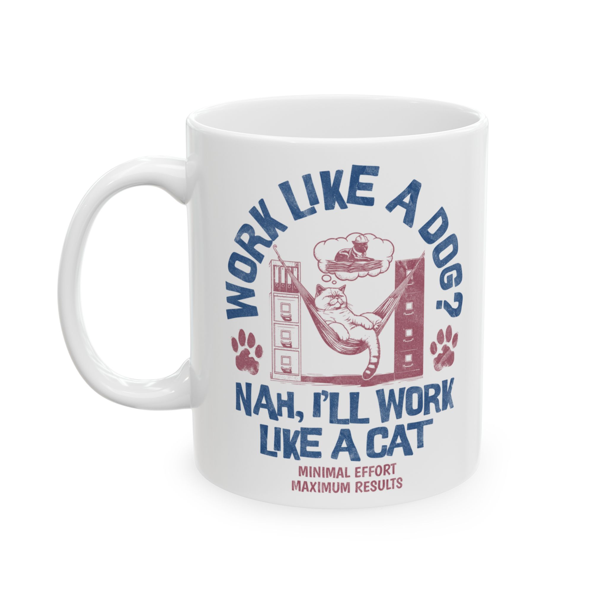 White ceramic mug showing a cat reclining in a hammock between filing cabinets with blue lettering and red paw prints