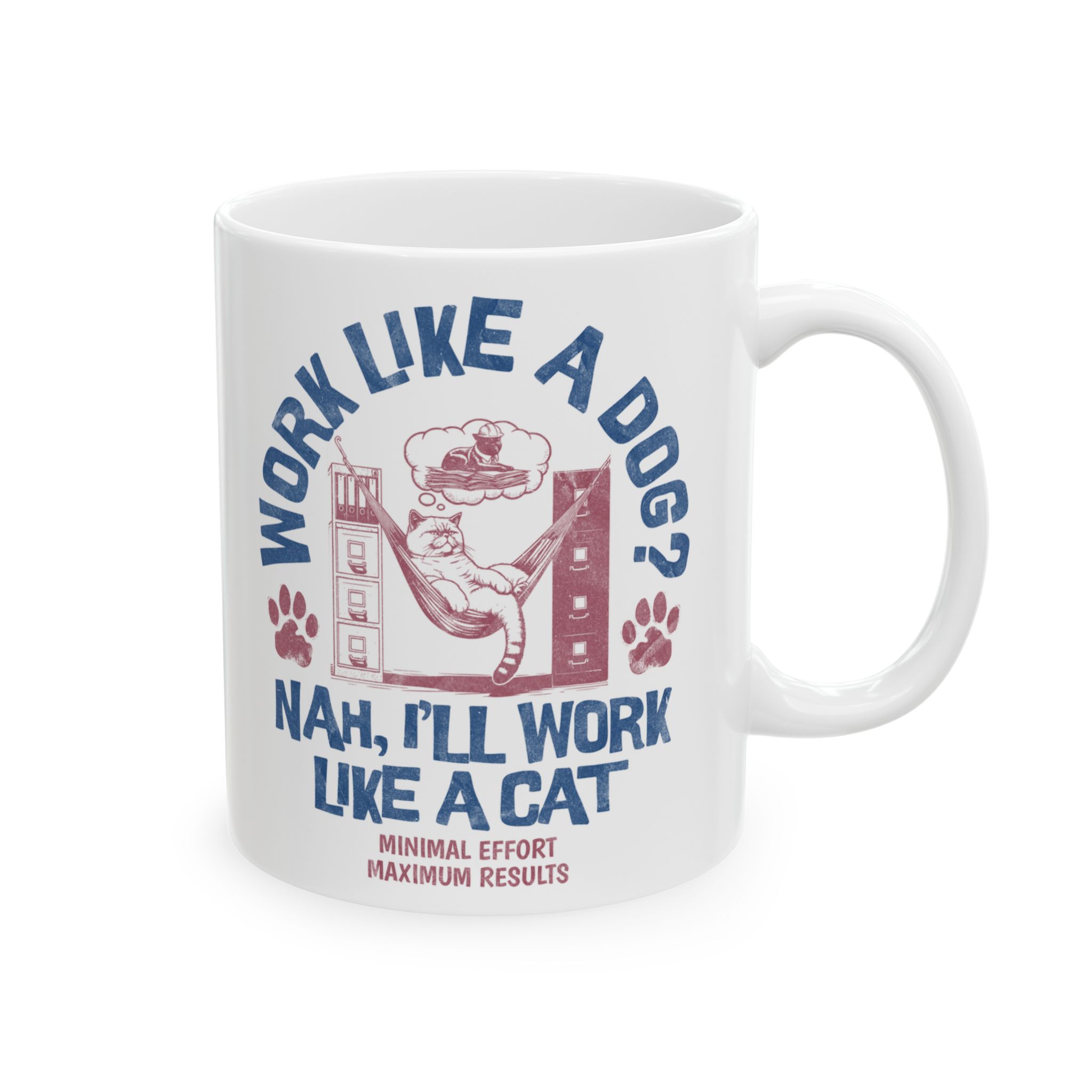 Opposite side of the white ceramic mug with the matching hammock cat and office graphic