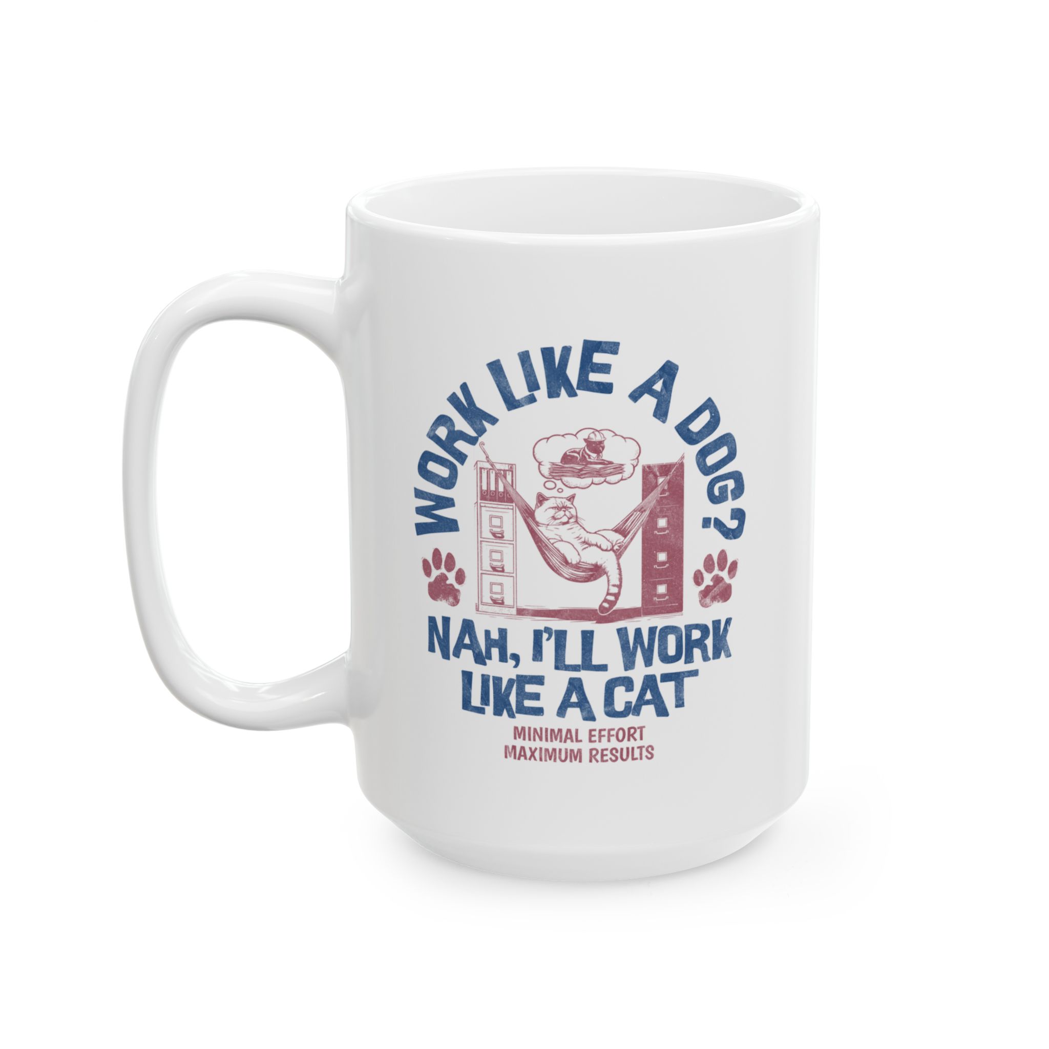 White ceramic mug showing a cat reclining in a hammock between filing cabinets with blue lettering and red paw prints