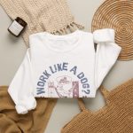 Cat in a hammock between filing cabinets, food thought bubble and distressed office-humor lettering in the front print