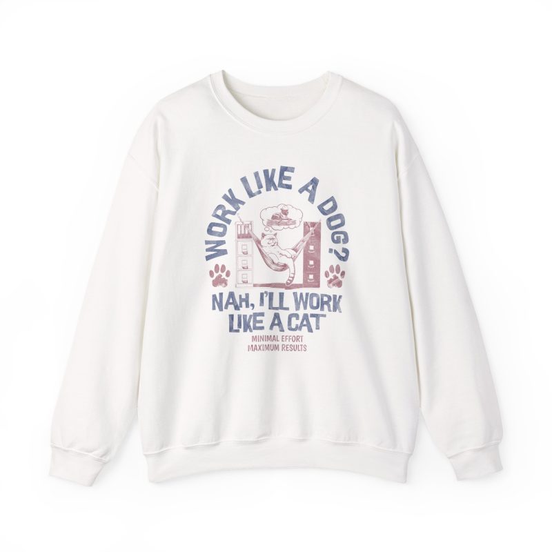 Front of the crewneck sweatshirt showing a cat reclining in a hammock between filing cabinets with blue lettering and red paw prints
