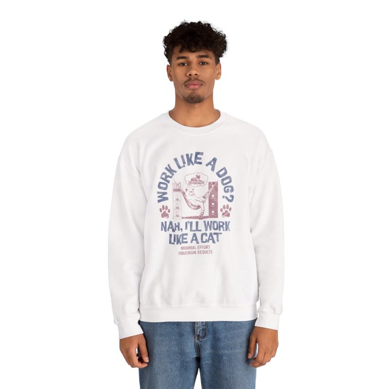 Person wearing a crewneck sweatshirt with a cat reclining in a hammock between filing cabinets with blue lettering and red paw prints printed on the front