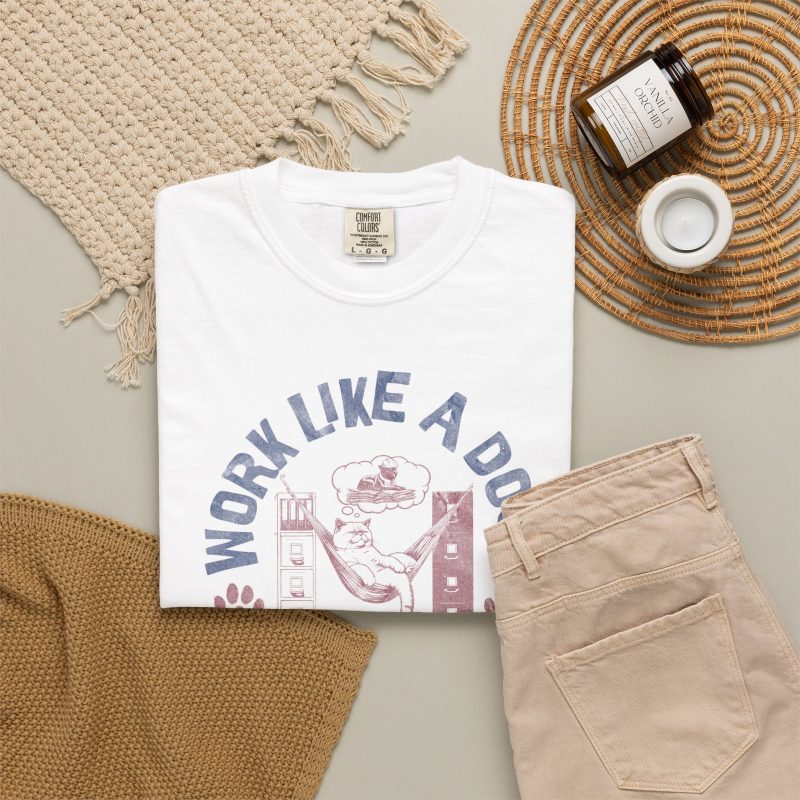 Cat in a hammock between filing cabinets, food thought bubble and distressed office-humor lettering in the front print