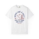 Front of the tee showing a cat reclining in a hammock between filing cabinets with blue lettering and red paw prints