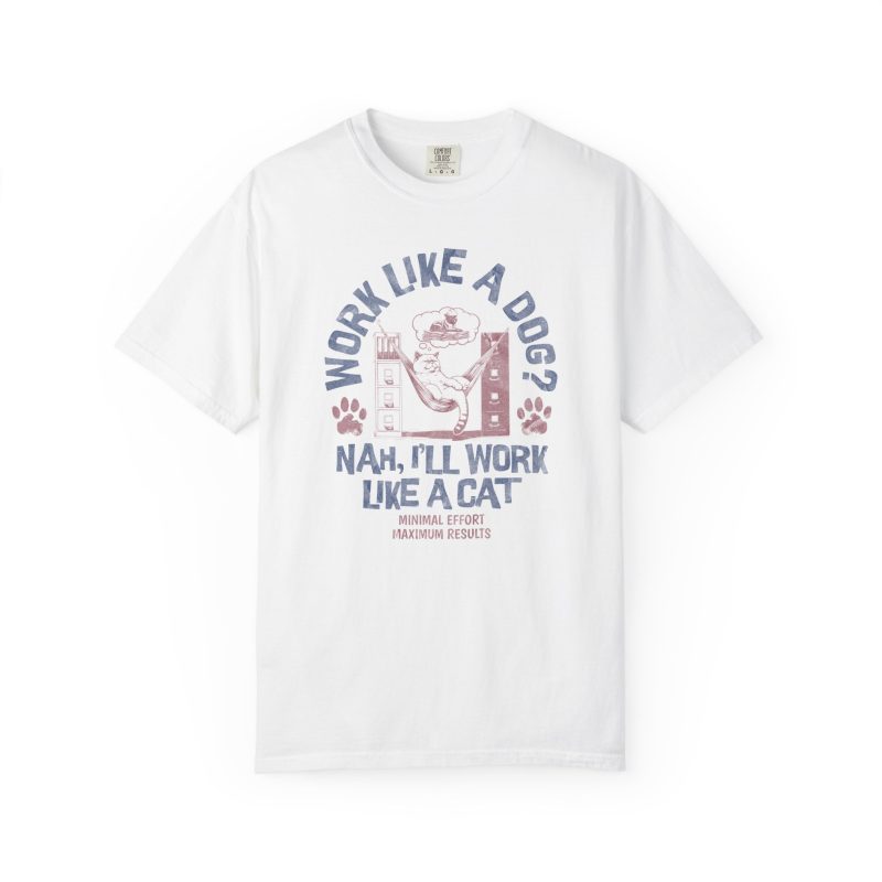 Front of the tee showing a cat reclining in a hammock between filing cabinets with blue lettering and red paw prints