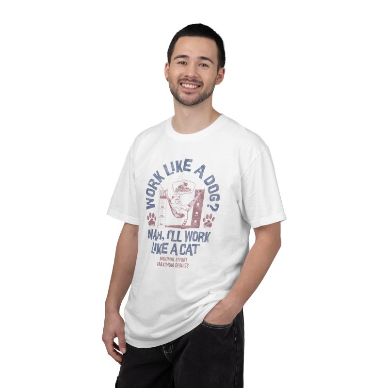 Person wearing a tee with a cat reclining in a hammock between filing cabinets with blue lettering and red paw prints printed on the front