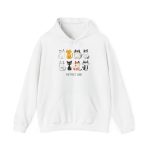 Front of the hoodie showing eight line-drawn cats in two rows with different expressions and coat patterns Front of the hoodie showing eight line-drawn cats in two rows with different expressions and coat patterns