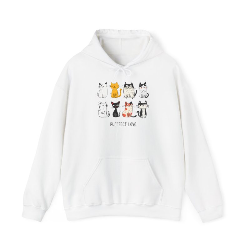 Front of the hoodie showing eight line-drawn cats in two rows with different expressions and coat patterns