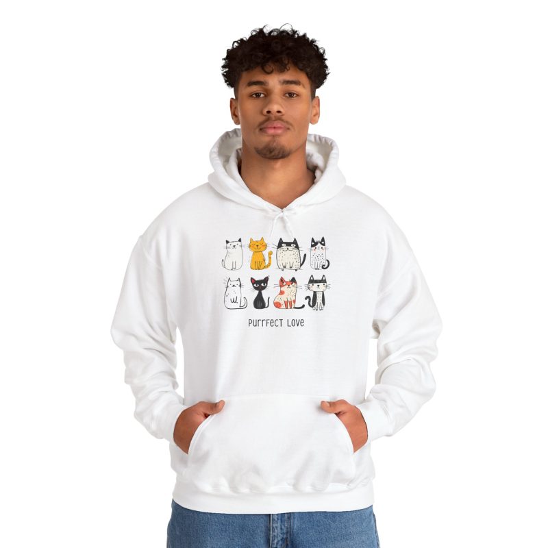 Person wearing a hoodie with eight line-drawn cats in two rows with different expressions and coat patterns printed on the front
