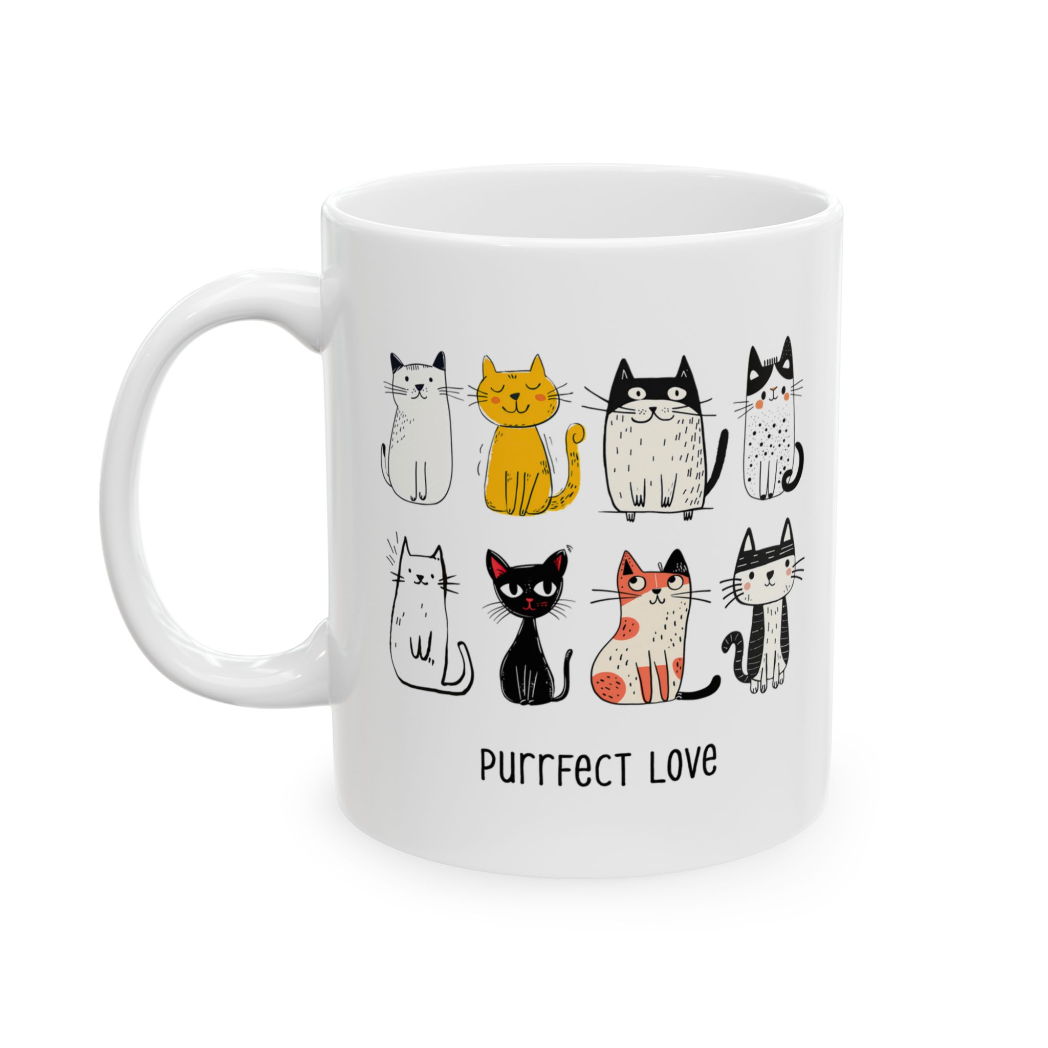 White ceramic mug showing eight line-drawn cats in two rows with different expressions and coat patterns
