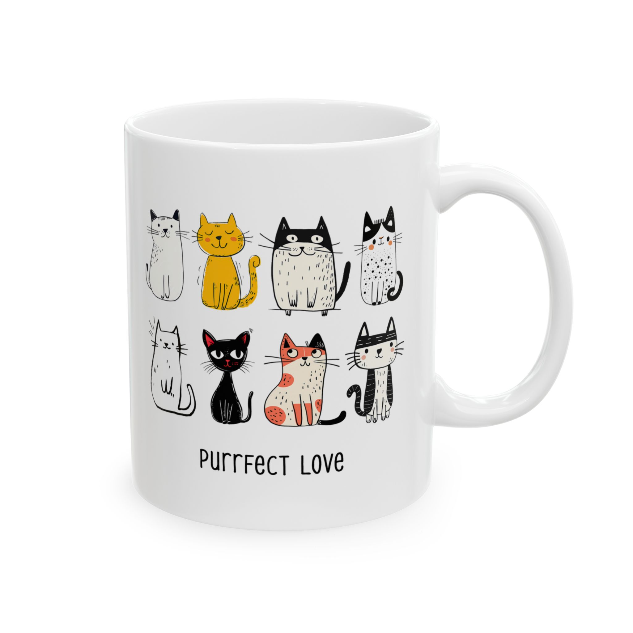 Opposite side of the white ceramic mug with the matching eight illustrated cats graphic