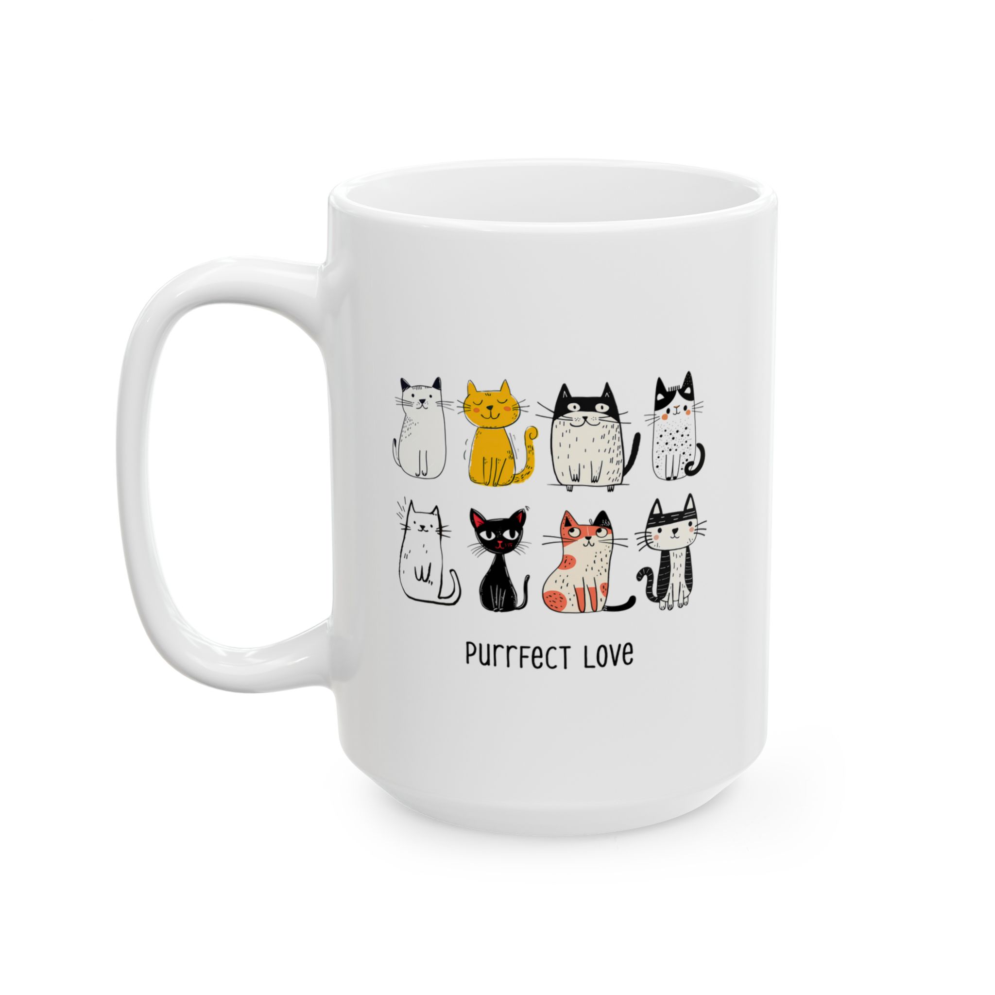 White ceramic mug showing eight line-drawn cats in two rows with different expressions and coat patterns