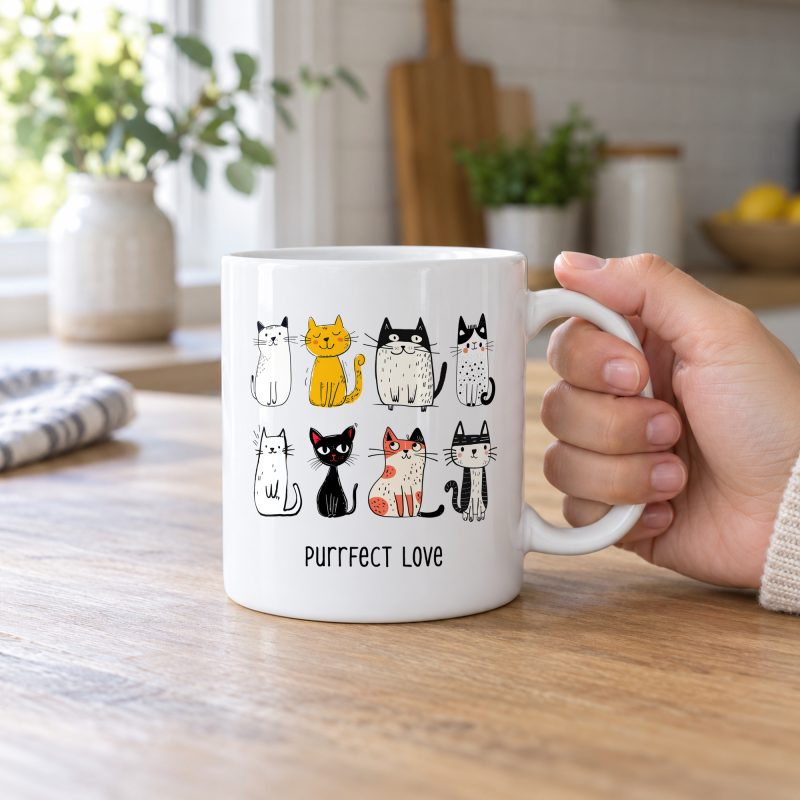 Person holding a white ceramic mug showing eight line-drawn cats in two rows with different expressions and coat patterns