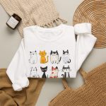 Eight line-drawn cats with assorted coat patterns above Purrfect Love lettering in the front print