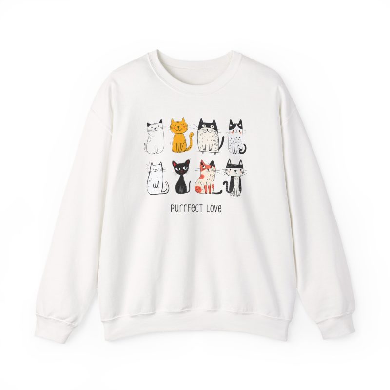 Front of the crewneck sweatshirt showing eight line-drawn cats in two rows with different expressions and coat patterns