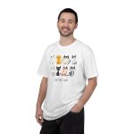 Person wearing a tee with eight line-drawn cats in two rows with different expressions and coat patterns printed on the front