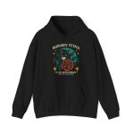 Front of the hoodie showing the black cat with a red rose and golden stars graphic