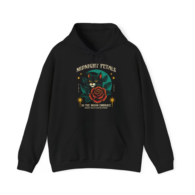 Front of the hoodie showing the black cat with a red rose and golden stars graphic