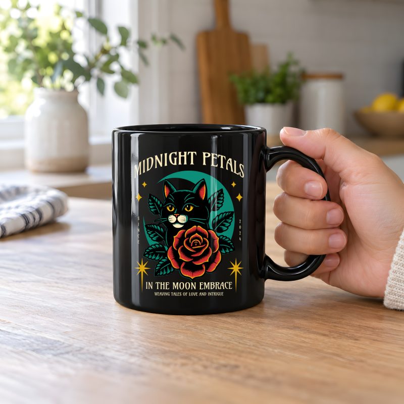 Person holding a glossy black ceramic mug with a black cat with a red rose and golden stars graphic