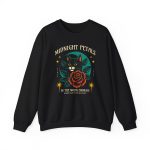 Front of the crewneck sweatshirt showing the black cat with a red rose and golden stars graphic