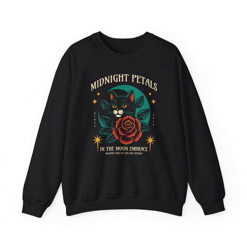 Front of the crewneck sweatshirt showing the black cat with a red rose and golden stars graphic