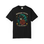 Front of the tee showing the black cat with a red rose and golden stars graphic