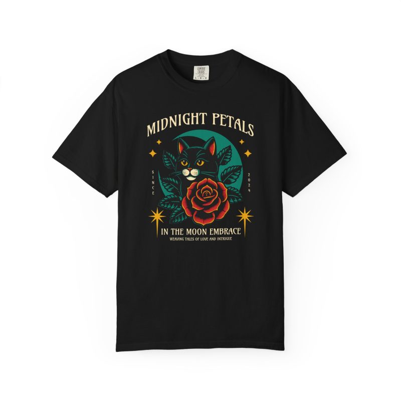 Front of the tee showing the black cat with a red rose and golden stars graphic