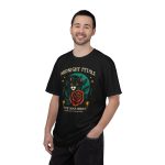 Person wearing a tee with a black cat with a red rose and golden stars graphic on the front