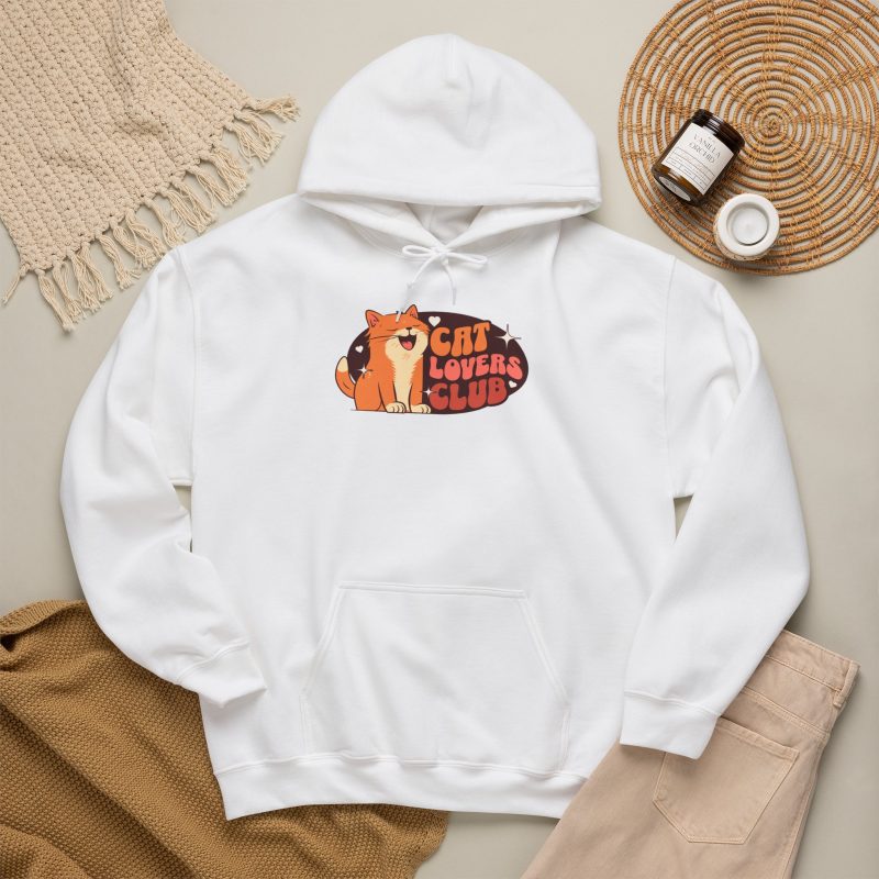 Smiling orange tabby, cream hearts and starbursts inside a retro Cat Lovers Club badge in the front print