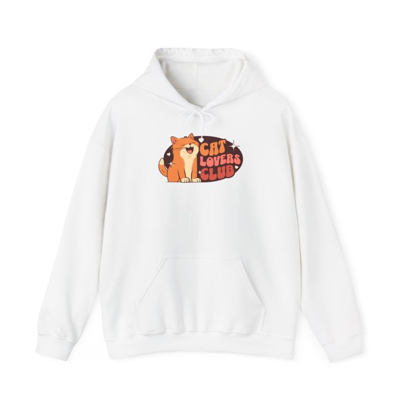 Front of the hoodie showing a smiling orange tabby beside retro lettering in an oval badge with hearts and starbursts