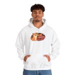 Person wearing a hoodie with a smiling orange tabby beside retro lettering in an oval badge with hearts and starbursts printed on the front