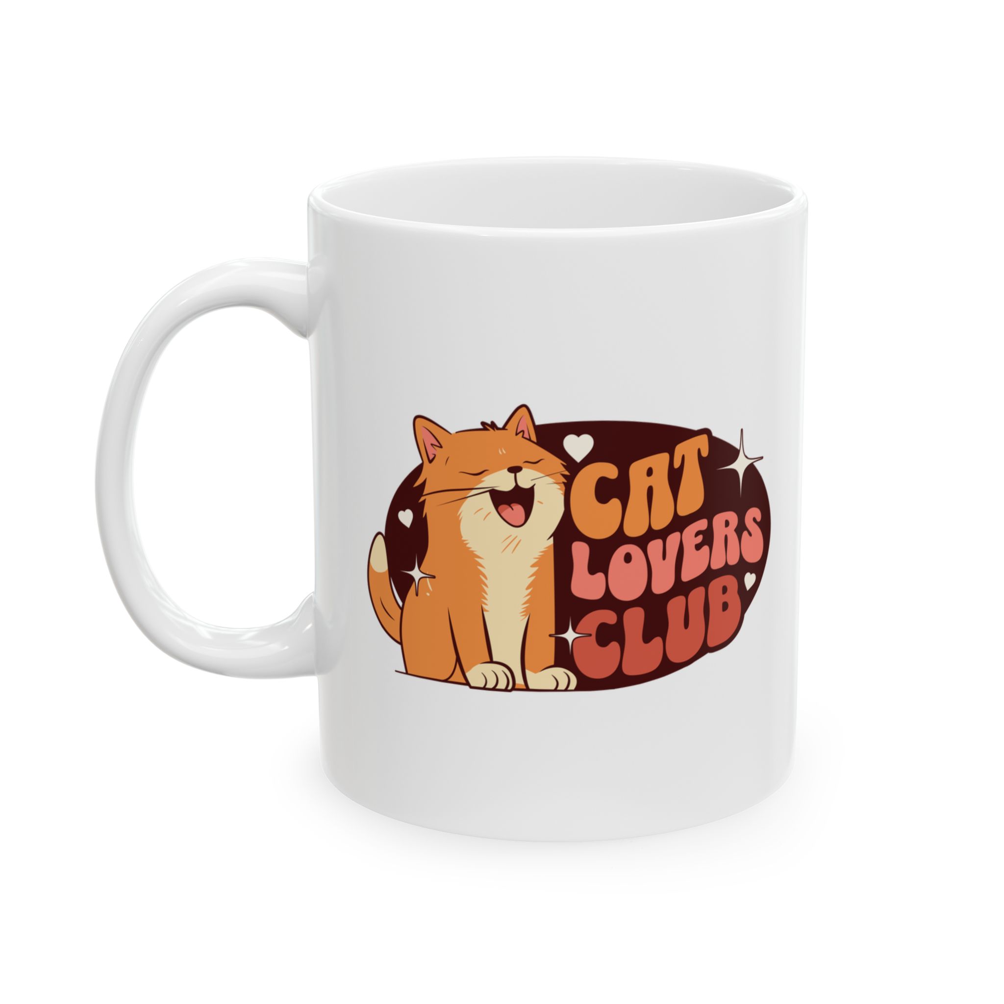 White ceramic mug showing a smiling orange tabby beside retro lettering in an oval badge with hearts and starbursts