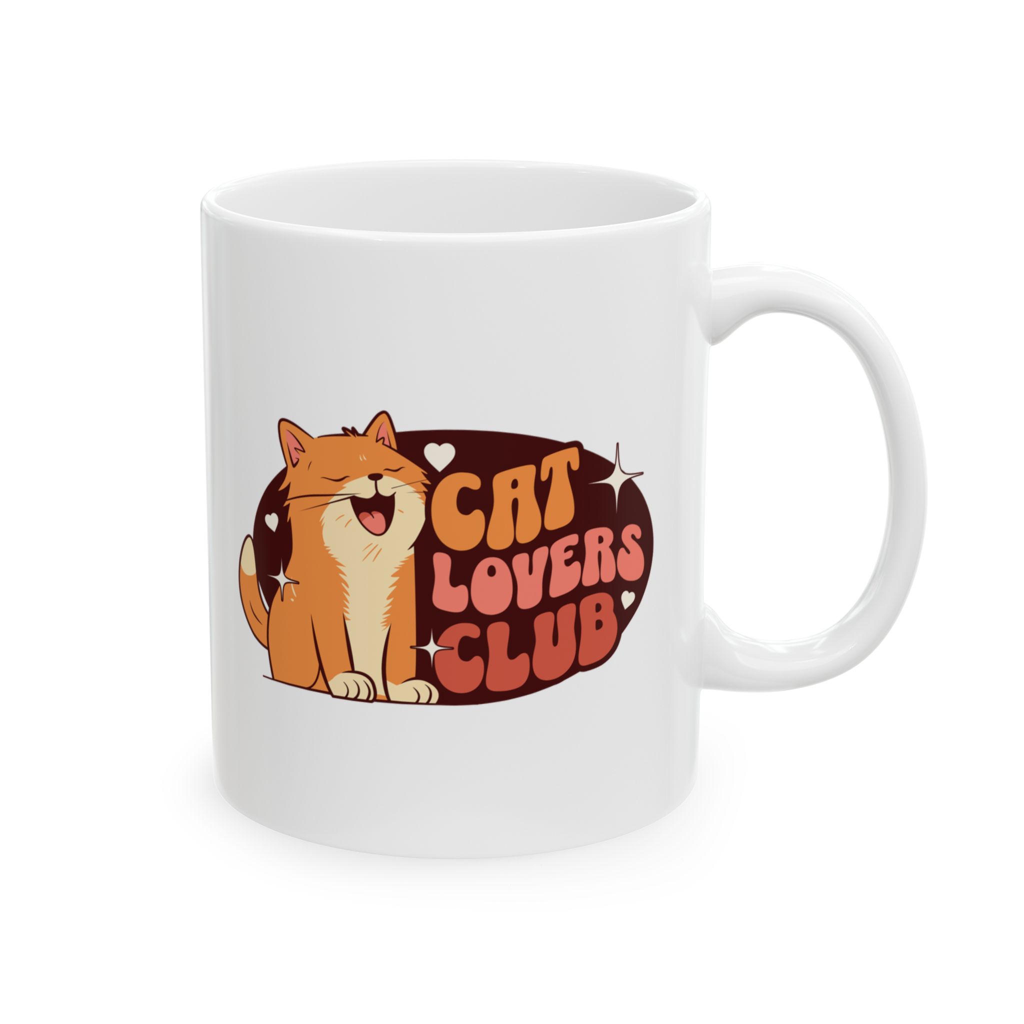 Opposite side of the white ceramic mug with the matching retro tabby and club badge graphic