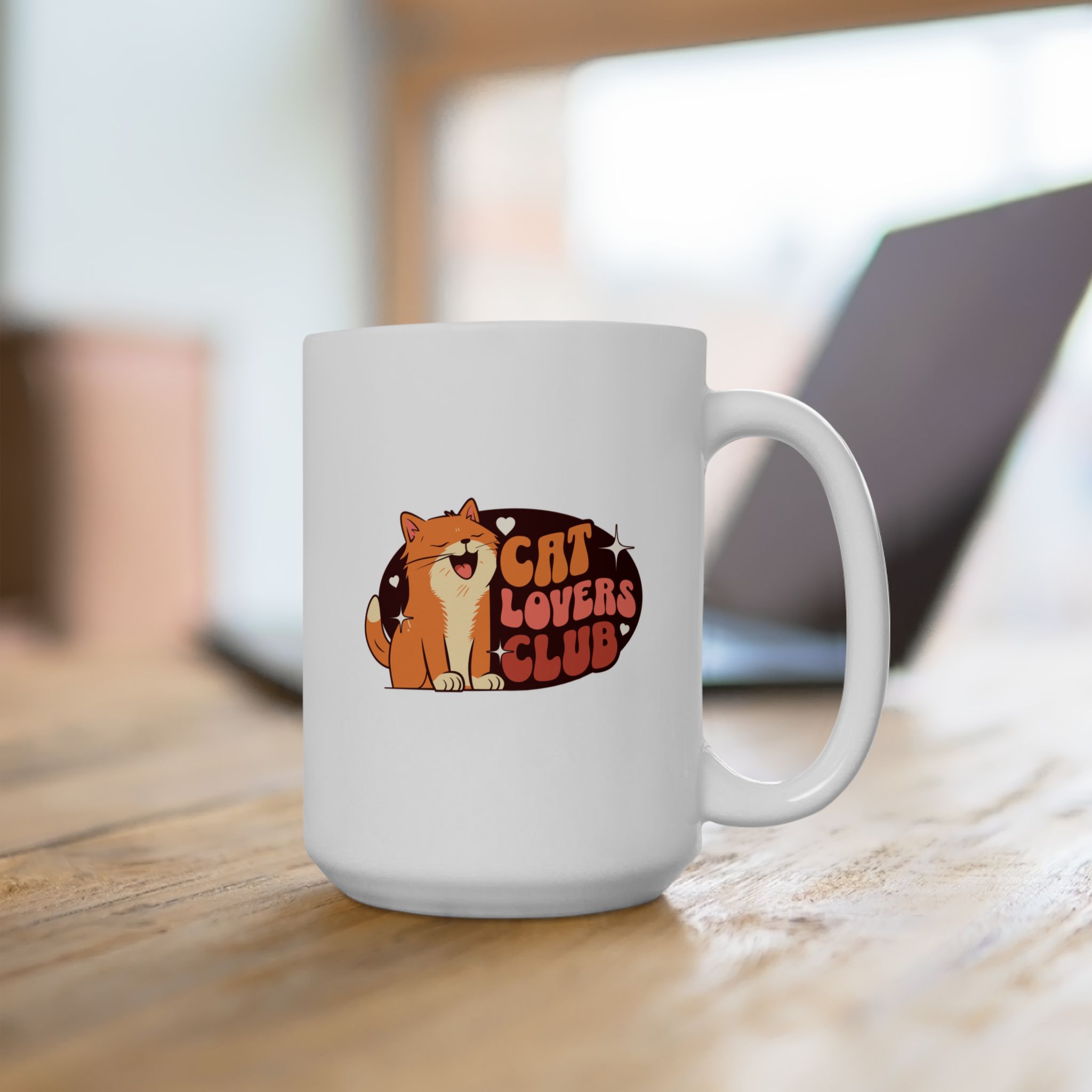 White ceramic mug showing a smiling orange tabby beside retro lettering in an oval badge with hearts and starbursts