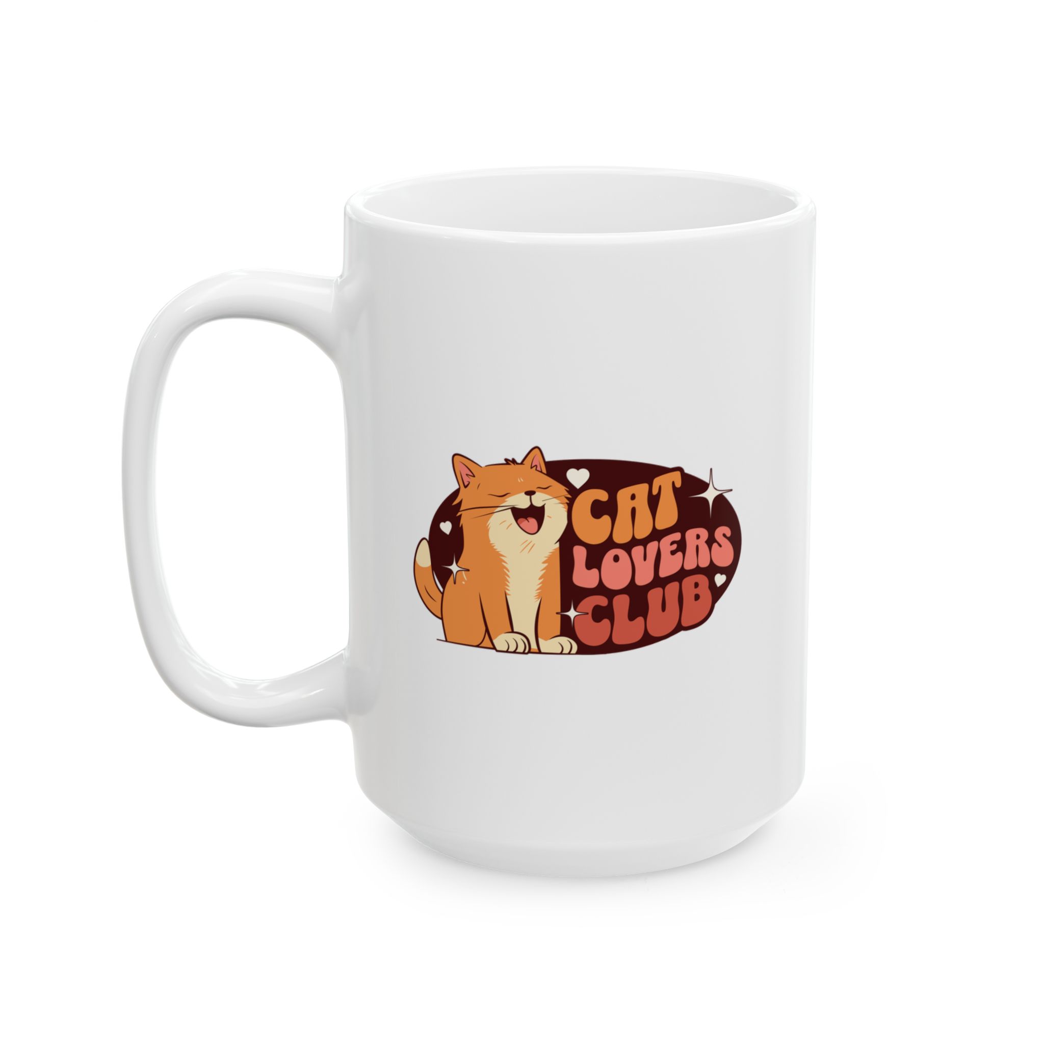 White ceramic mug showing a smiling orange tabby beside retro lettering in an oval badge with hearts and starbursts