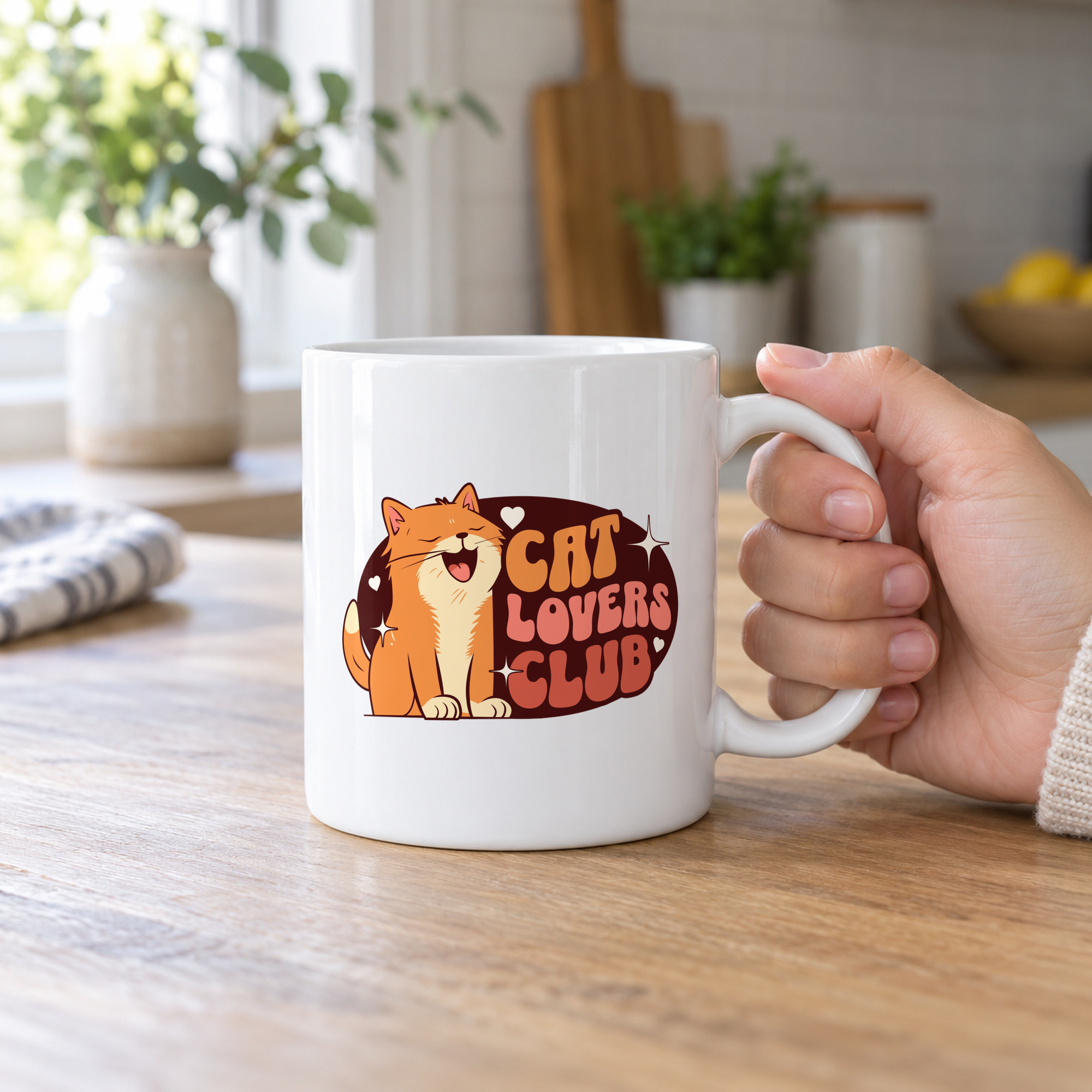Person holding a white ceramic mug showing a smiling orange tabby beside retro lettering in an oval badge with hearts and starbursts