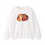 Front of the crewneck sweatshirt showing a smiling orange tabby beside retro lettering in an oval badge with hearts and starbursts
