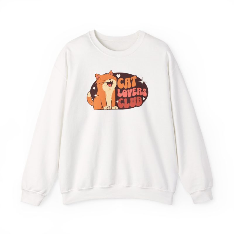 Front of the crewneck sweatshirt showing a smiling orange tabby beside retro lettering in an oval badge with hearts and starbursts