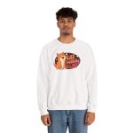 Person wearing a crewneck sweatshirt with a smiling orange tabby beside retro lettering in an oval badge with hearts and starbursts printed on the front