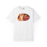 Front of the tee showing a smiling orange tabby beside retro lettering in an oval badge with hearts and starbursts
