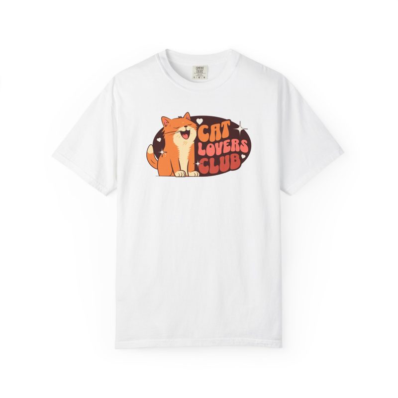 Front of the tee showing a smiling orange tabby beside retro lettering in an oval badge with hearts and starbursts
