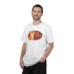 Person wearing a tee with a smiling orange tabby beside retro lettering in an oval badge with hearts and starbursts printed on the front