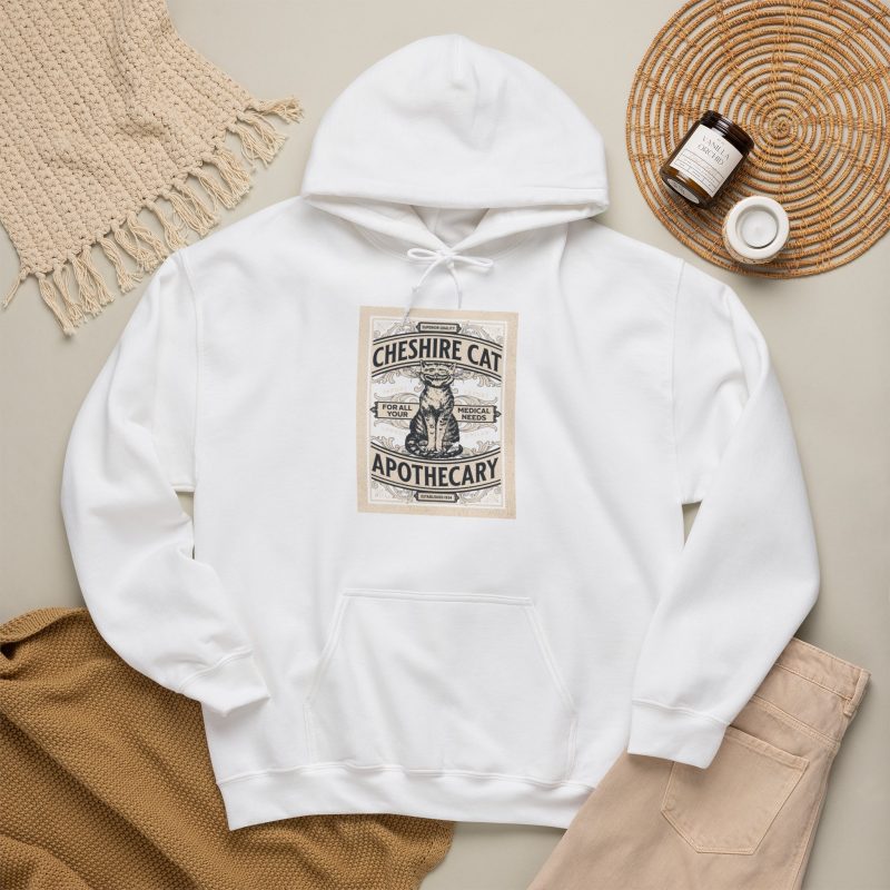 A grinning striped cat inside an ornate vintage label with Apothecary lettering