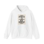 A grinning striped cat inside an ornate vintage label printed on the front of a hoodie