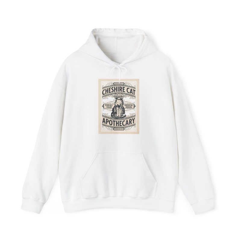 A grinning striped cat inside an ornate vintage label printed on the front of a hoodie