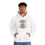Person wearing a hoodie with an ornate grinning cat label