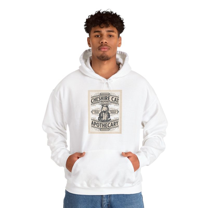 Person wearing a hoodie with an ornate grinning cat label