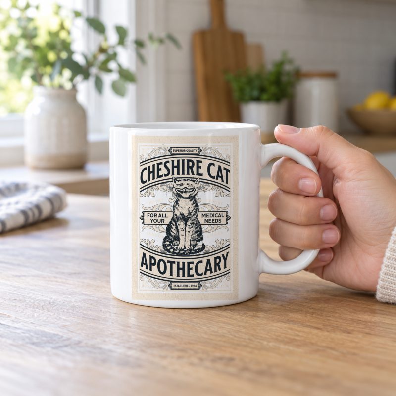 Person holding a white ceramic mug with an ornate grinning cat label